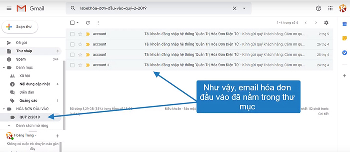 lưu trữ hóa đơn đầu vào bằng gmail