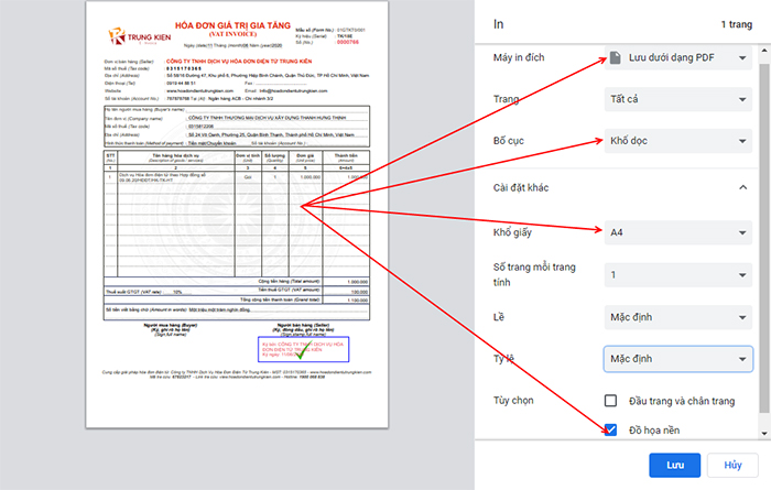 lưu hóa đơn nháp dưới dạng file pdf