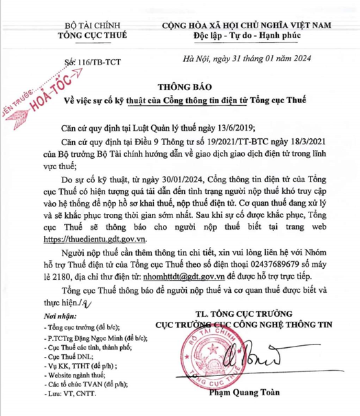 thuedientu.gdt.gov.vn lỗi ngày 30/01/2024