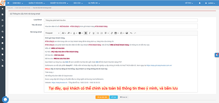 tùy chỉnh email gởi hóa đơn trên pm easyinvoice