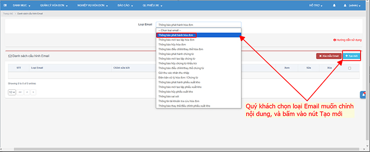 tùy chỉnh nội dung email gởi hóa đơn