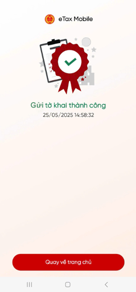 Hệ thống báo gởi tờ khai thành công